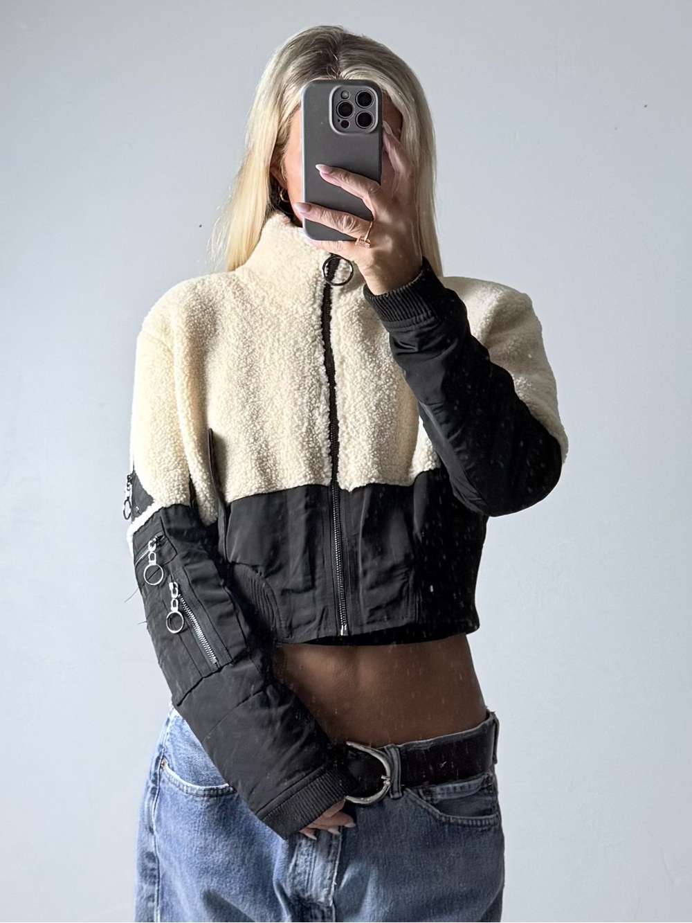 Cropped Two-Tone Teddy Bomber Fall Jacket in Cream and Black